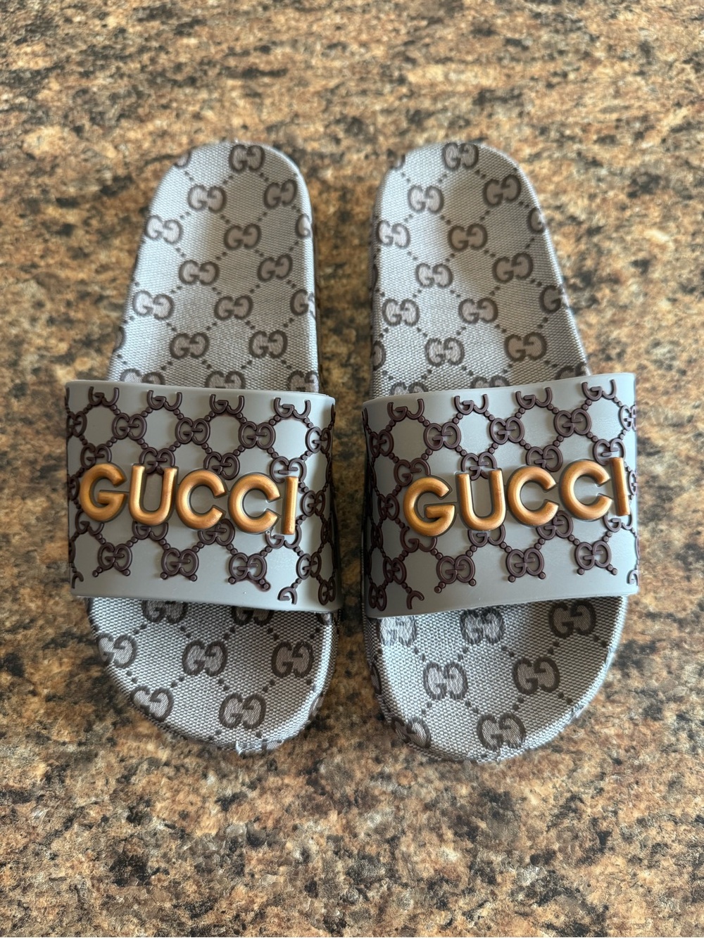 Fun Logo Slide Sandals in Gray with Gold Women’s 7/8